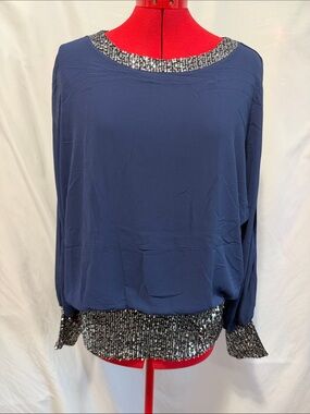Sequin-Trim Navy Blouson Sweatshirt
